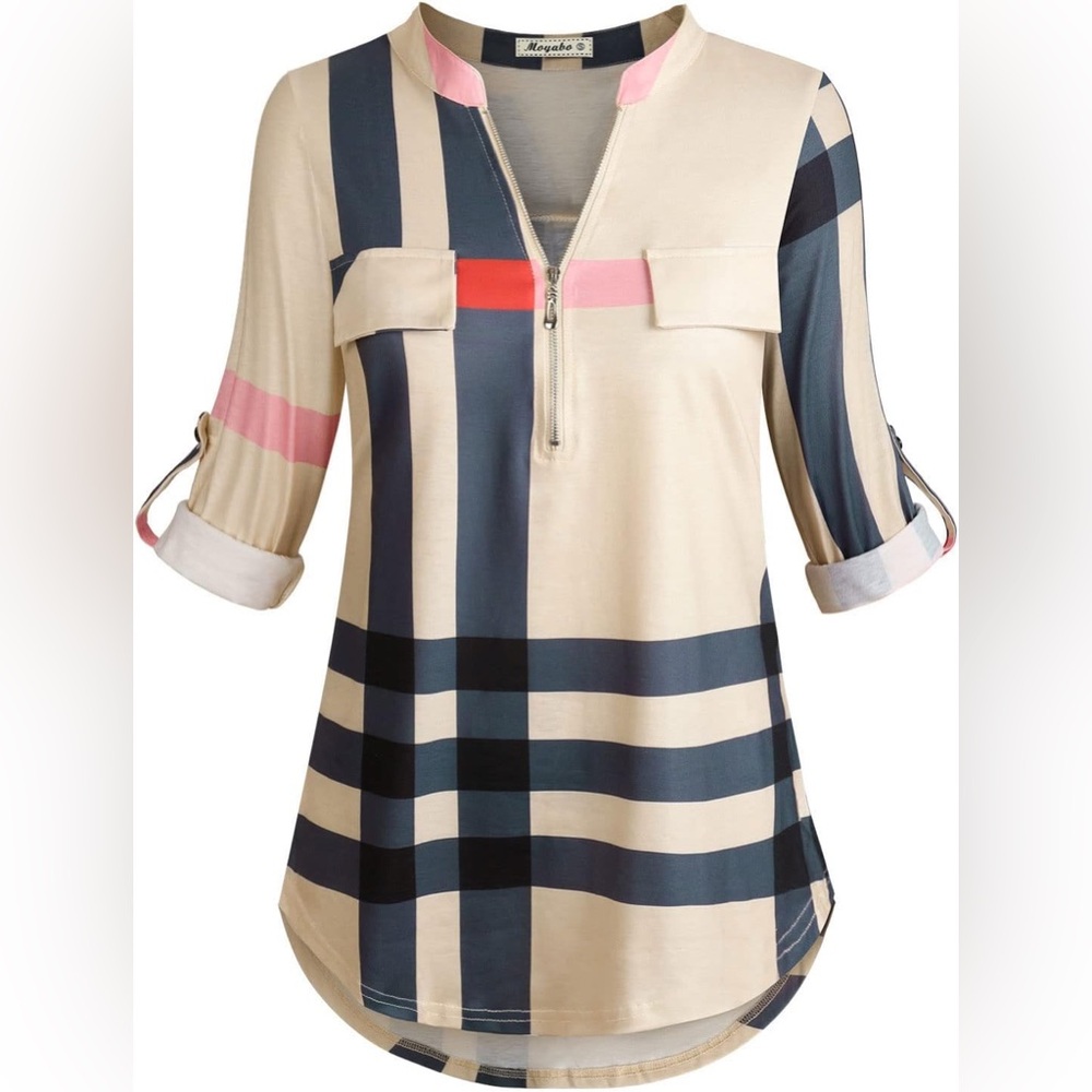 Cream Plaid Half-Zip Tunic with Pink Accent
